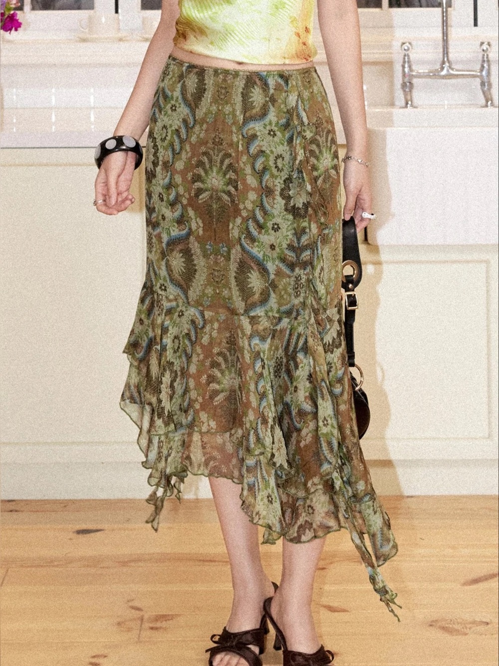 Fairycore Asymmetrical Paisley Ruffled Chiffon Midi Skirt